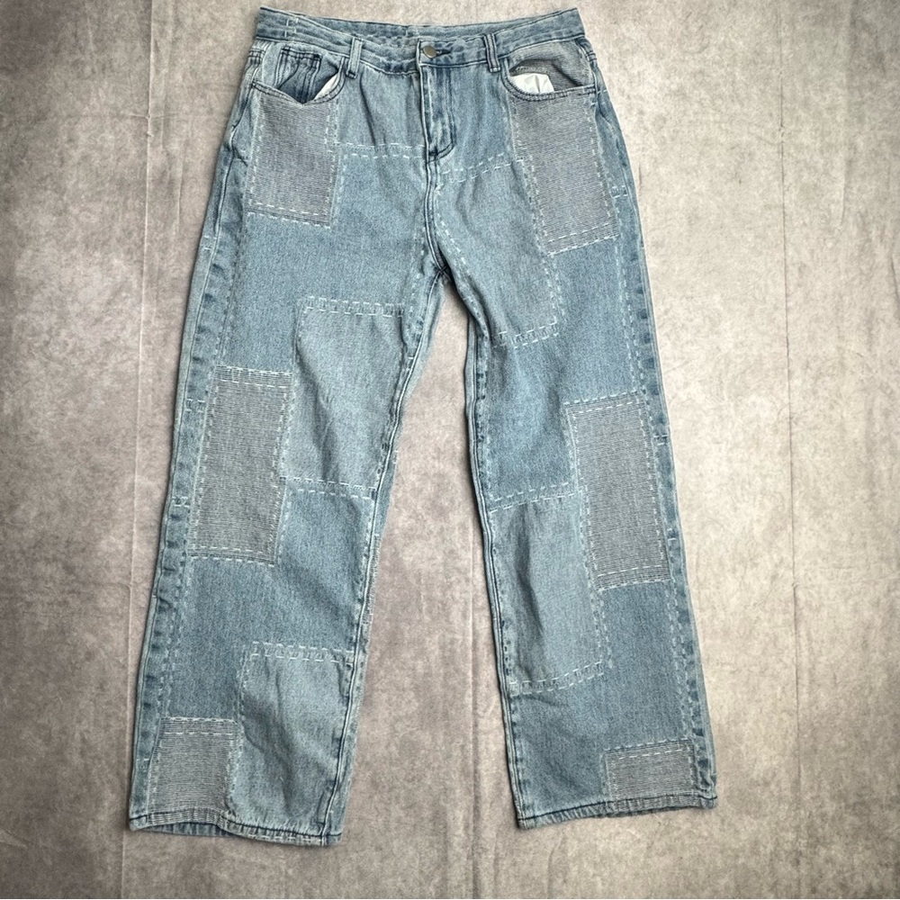 Patchwork Denim Jeans high rise straight leg 90’s grunge wide leg light wash 30 - Picture 3 of 8